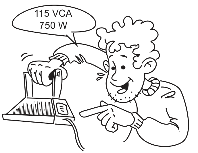 Desenho de um homem apontando para a base de um ferro de passar roupa, com um balão indicando as informações "115 VCA" e "750 W".