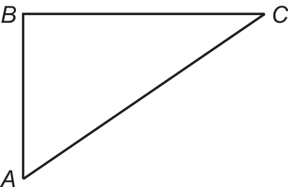 Triângulo ABC, com AB vertical, BC horizontal e AC diagonal.