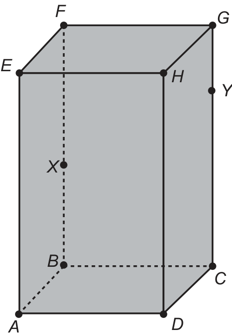 Prisma reto de base retangular ABCD e face superior EFGH. A, D, C e B são os vértices da base; E, H, G e F ficam, respectivamente, acima deles. O ponto X está na aresta tracejada BF, e o ponto Y está na aresta CG.