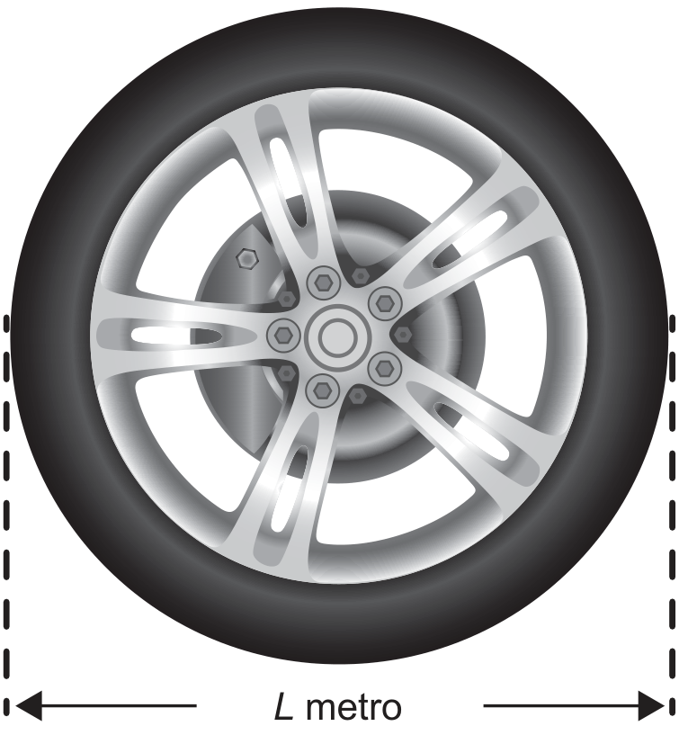 Desenho de uma roda e pneu de automóvel vista de perfil, com linhas tracejadas verticais nas extremidades laterais delimitando o diâmetro, medido horizontalmente na parte inferior como L metro.
