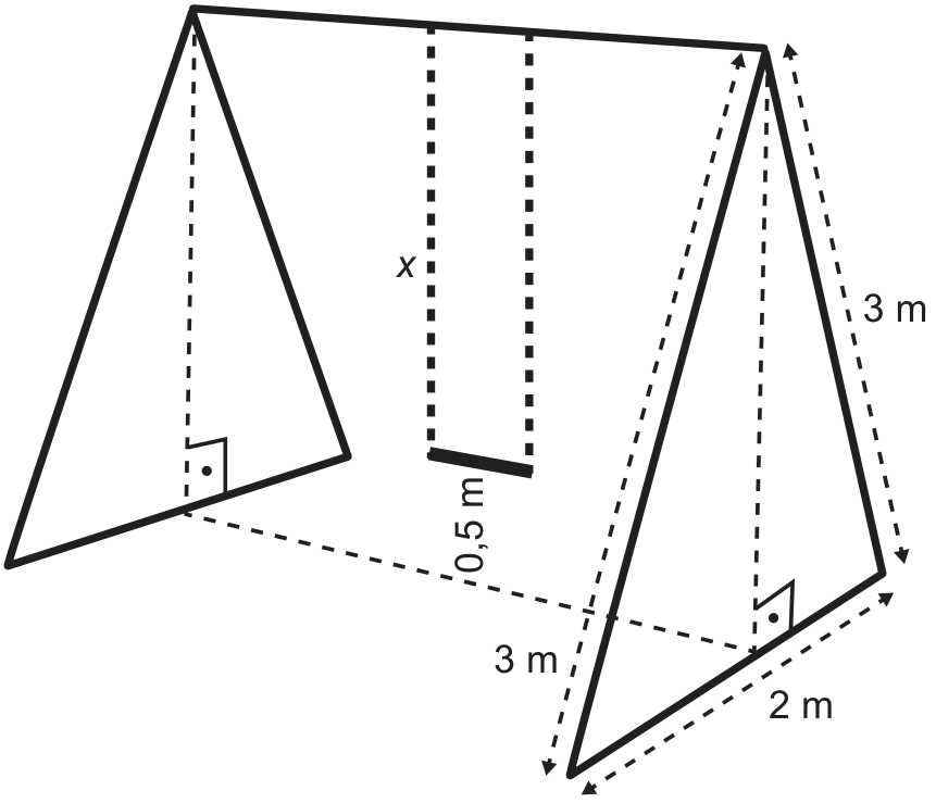 Esquema da estrutura de um balanço formada por duas laterais triangulares unidas por uma barra horizontal superior. As laterais têm formato de triângulo isósceles com lados de 3 m e base no chão de 2 m, com uma linha pontilhada indicando a altura perpendicular à base. O assento do balanço está suspenso por correntes verticais de comprimento x e fica a uma altura de 0,5 m do solo.