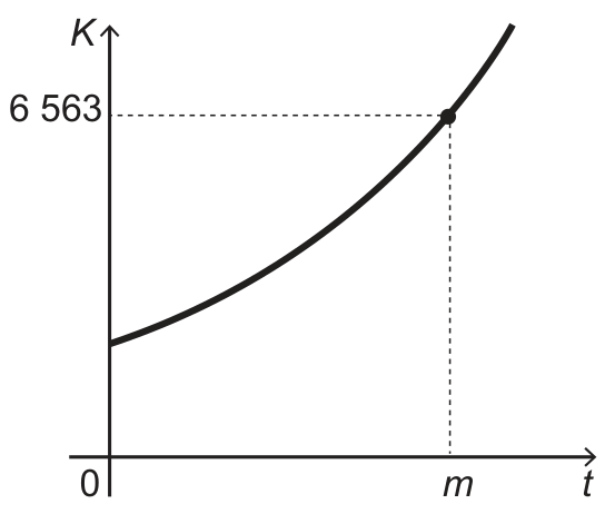 Gráfico cartesiano da função K em relação ao tempo t, mostrando uma curva crescente com um ponto marcado correspondente ao par ordenado (m, 6 563)