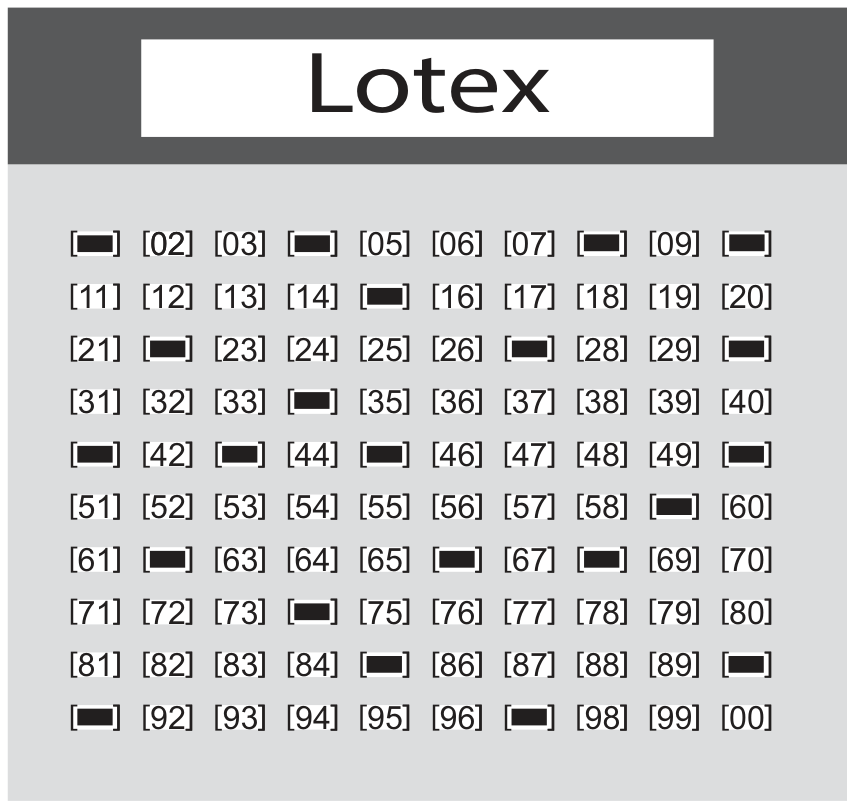 F1 Cartão da loteria Lotex com números de 01 a 00 organizados em grade de 10 por 10, com várias marcações preenchidas.