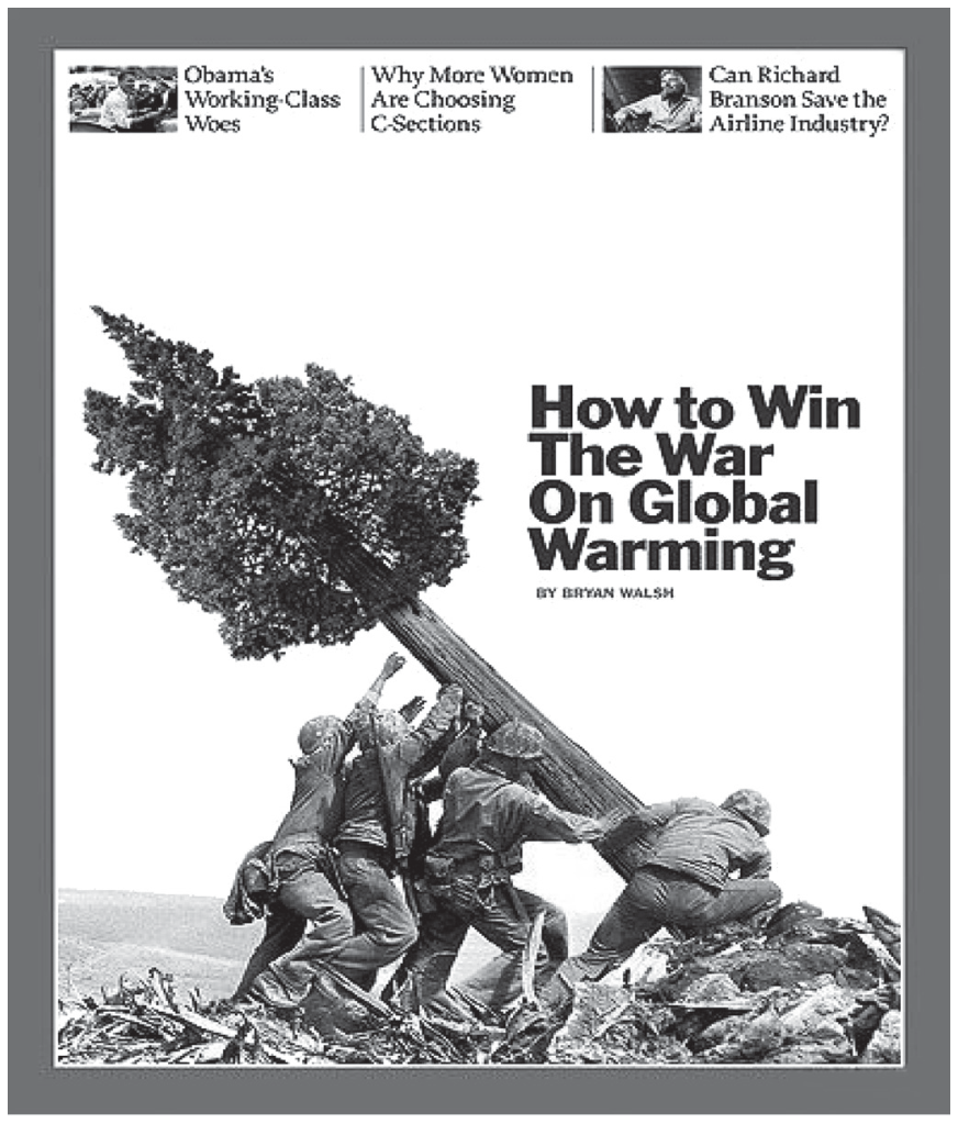 F1 Capa de revista com soldados em pose alusiva à foto histórica da Batalha de Iwo Jima, erguendo uma árvore em vez de uma bandeira, acompanhada do título "How to Win The War On Global Warming".