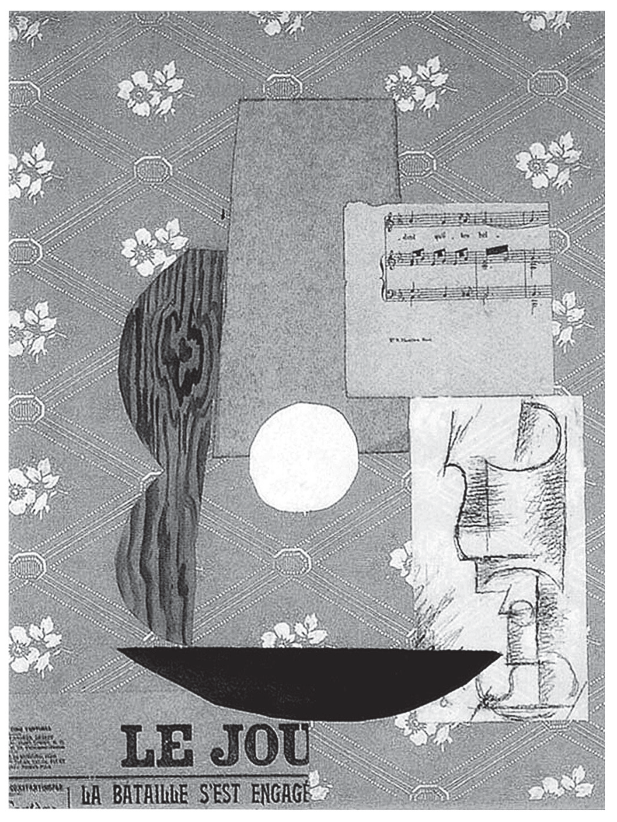 Colagem cubista intitulada "Guitar, Sheet Music, and Glass", criada por Pablo Picasso em 1912. A composição apresenta recortes de papel sobrepostos a um papel de parede com estampa floral e padrão de losangos. Entre os elementos visíveis estão um recorte imitando veios de madeira no contorno de um violão, uma partitura musical recortada, um pedaço de jornal onde se lê "LE JOU" e "LA BATAILLE S'EST ENGAGÉ", planos geométricos em tons de cinza e preto, um círculo branco central e um desenho a carvão de um copo de vidro.