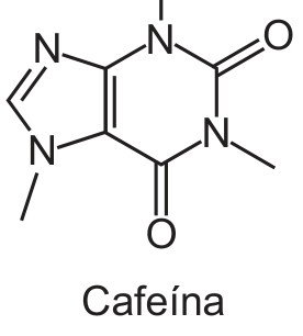 Estrutura química da cafeína: dois anéis fundidos, com átomos de nitrogênio, dois grupos carbonila e três grupos metil.