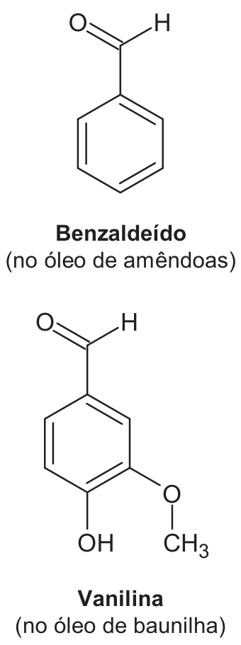 Fórmulas estruturais do benzaldeído (no óleo de amêndoas) e da vanilina (no óleo de baunilha)