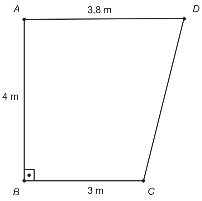 Trapézio retângulo ABCD com ângulo reto no vértice B. O lado vertical AB mede 4 m, a base inferior BC mede 3 m e a base superior AD mede 3,8 m.