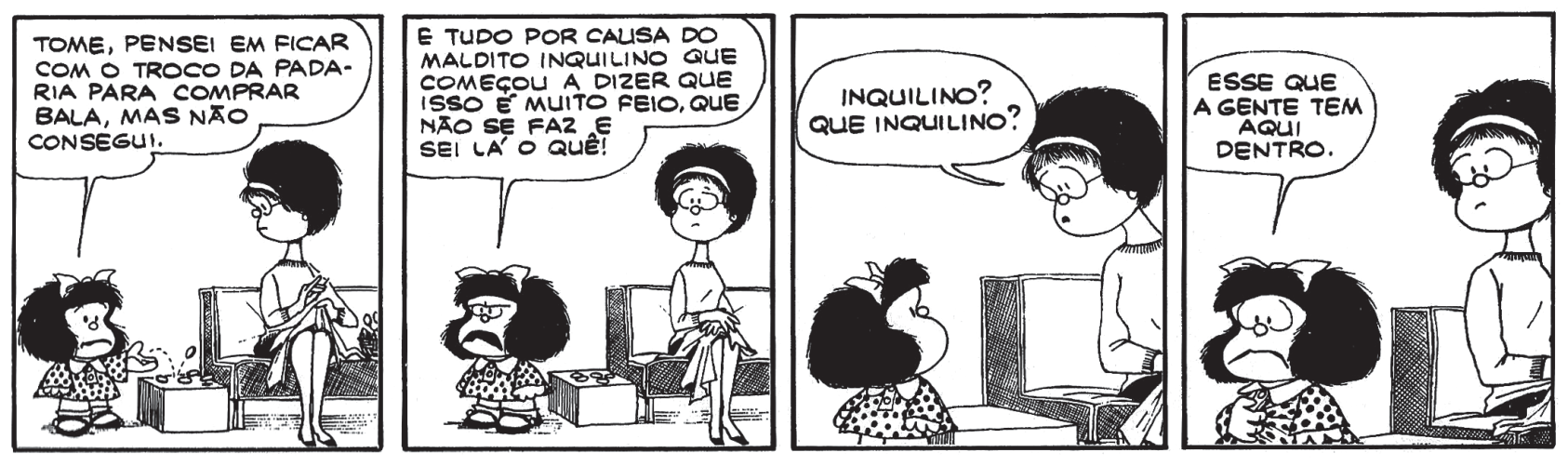 Tirinha de quatro quadrinhos de Mafalda conversando com a mãe sobre o troco da padaria e um inquilino interno.