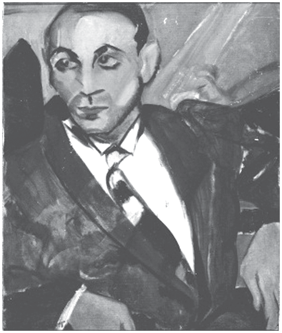 Pintura expressionista em tons de cinza retratando um homem de terno, camisa de colarinho claro e gravata, sentado, com expressão melancólica e cabeça levemente inclinada.