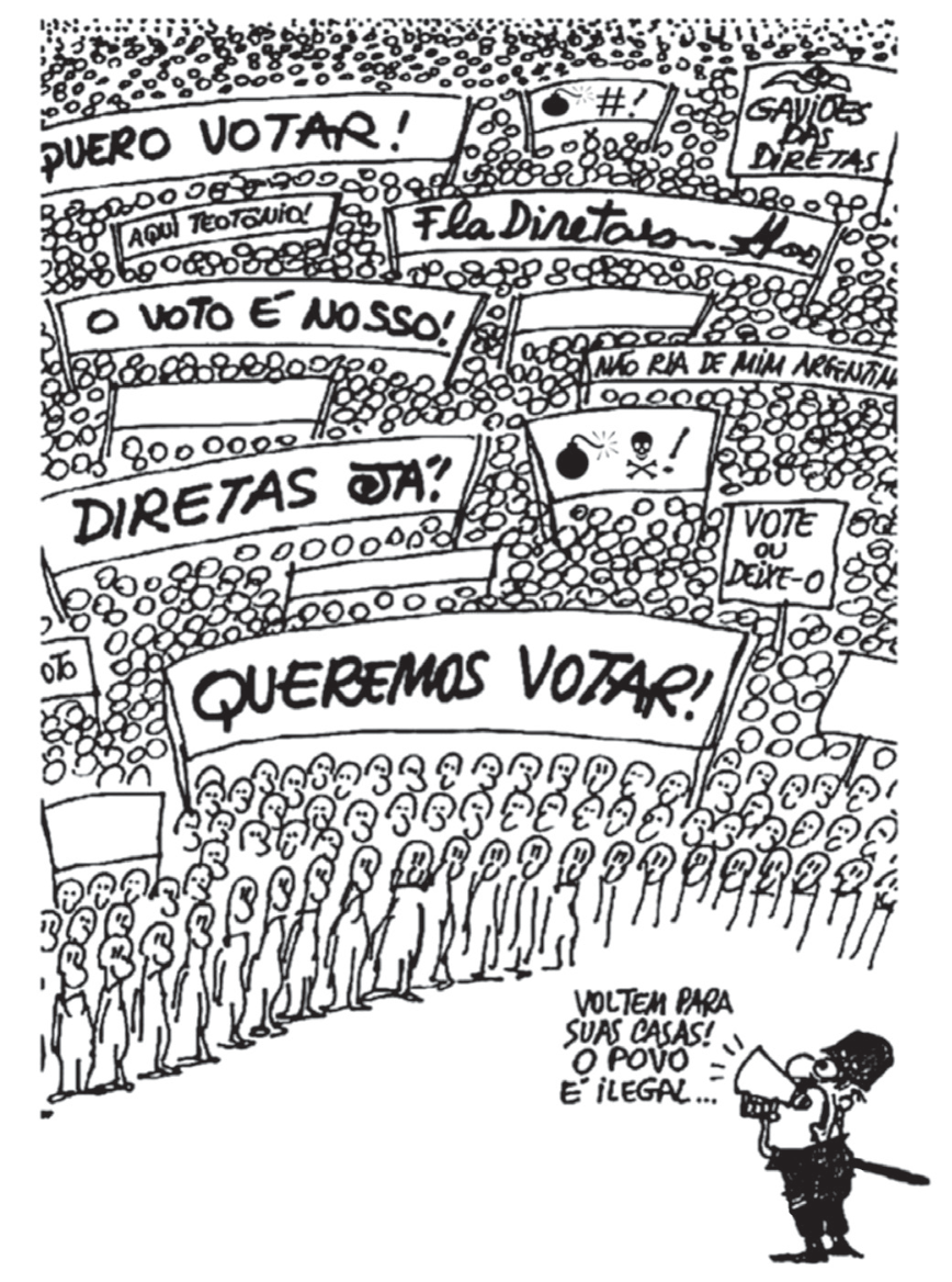 Charge de Henfil retratando uma multidão com diversas faixas de protesto, com inscrições como "QUERO VOTAR!", "O VOTO É NOSSO!", "DIRETAS JÁ!", "QUEREMOS VOTAR!", "FLA DIRETAS", entre outras. No canto inferior direito, uma figura militar com quepe e espada grita em um megafone: "VOLTEM PARA SUAS CASAS! O POVO É ILEGAL...".