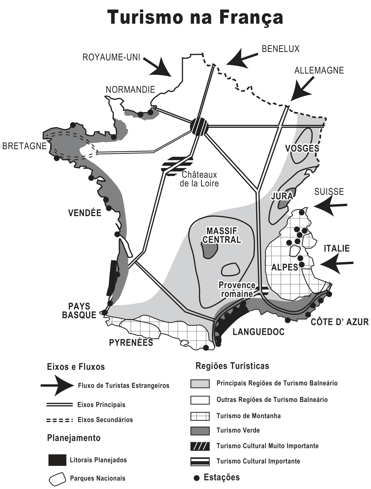 Croqui de síntese intitulado "Turismo na França", representando o mapa esquemático da França com eixos e fluxos de turistas estrangeiros vindos do Reino Unido, Benelux, Alemanha, Suíça e Itália, eixos principais e secundários de transporte, e regiões turísticas divididas por categorias: turismo balneário, turismo de montanha, turismo verde, turismo cultural, litorais planejados, parques nacionais e estações.