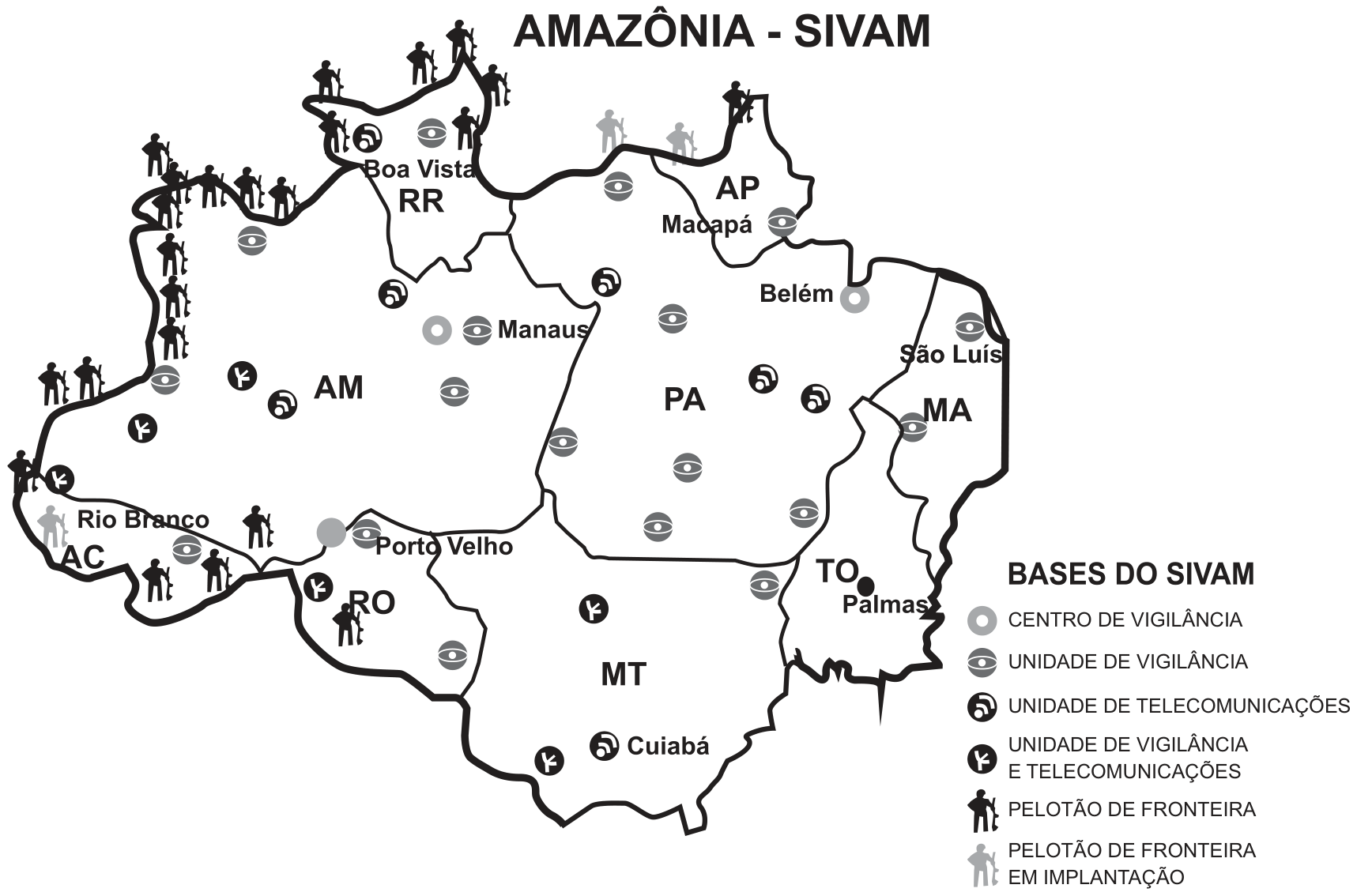 F1 Mapa da Amazônia Legal intitulado "AMAZÔNIA - SIVAM", ilustrando a distribuição espacial das bases do Sistema de Vigilância da Amazônia (SIVAM). A legenda à direita especifica: Centro de Vigilância, Unidade de Vigilância, Unidade de Telecomunicações, Unidade de Vigilância e Telecomunicações, Pelotão de Fronteira e Pelotão de Fronteira em Implantação, espalhados pelos estados da região Norte e vizinhos (RR, AP, AM, PA, MA, AC, RO, MT e TO).