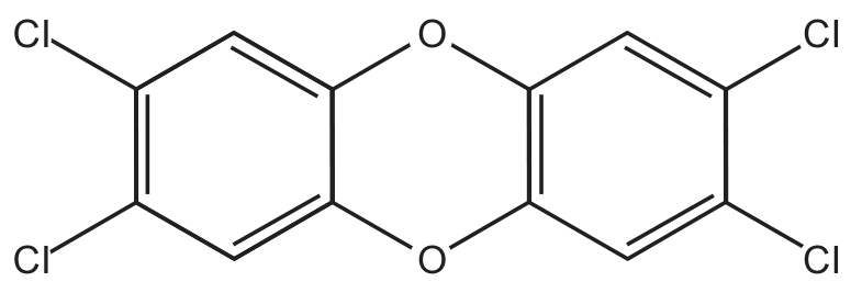 Fórmula estrutural da 2,3,7,8-tetraclorodioxina, composta por um anel central contendo dois átomos de oxigênio dispostos simetricamente, ligado a dois anéis benzênicos aromáticos laterais, cada um com dois átomos de cloro ligados