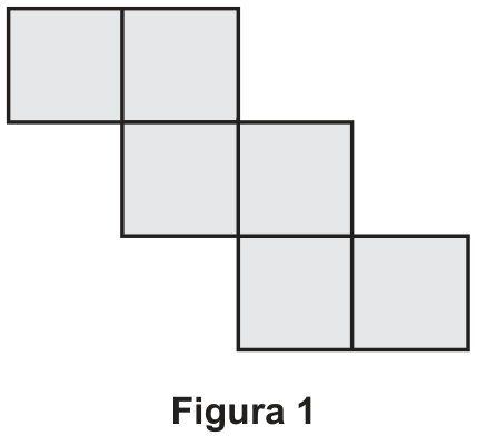 Planificação de um cubo formada por seis quadrados dispostos em três linhas de dois quadrados cada, em formato escalonado. Abaixo, a legenda "Figura 1".