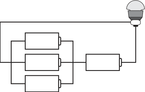 F1 Circuito com três pilhas associadas em paralelo conectadas em série a uma quarta pilha e à lâmpada.