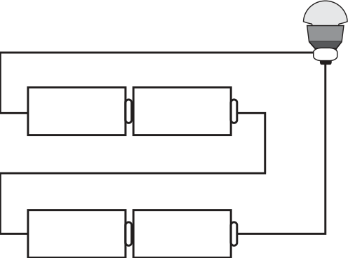 F3 Circuito com as quatro pilhas conectadas em série entre si e à lâmpada.