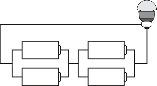 F4 Circuito com dois pares de pilhas em paralelo associados em série entre si e à lâmpada.