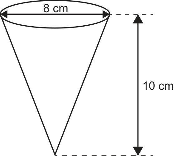 Esquema de um cone circular reto com vértice para baixo e base circular no topo. O diâmetro da base está cotado como 8 cm e a altura vertical do cone está cotada como 10 cm.