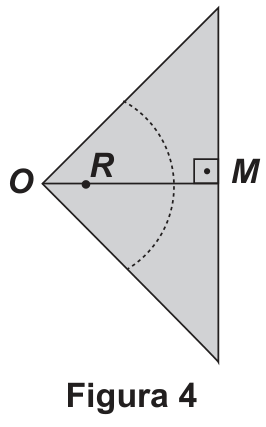 Figura 4: papel dobrado em triângulo com o segmento OM, o ponto R sobre OM e o arco de circunferência pontilhado centrado em R.