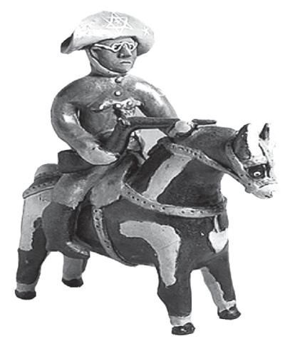 Escultura figurativa em barro "Lampião a cavalo", de Mestre Vitalino, mostrando a figura de Lampião com chapéu de couro e óculos montado em seu cavalo.