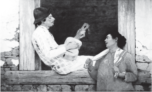 Pintura realista a óleo "Violeiro", de José Ferraz de Almeida Jr., mostrando um caboclo tocando viola sentado no peitoril de uma janela ao lado de uma mulher que o escuta cantar.