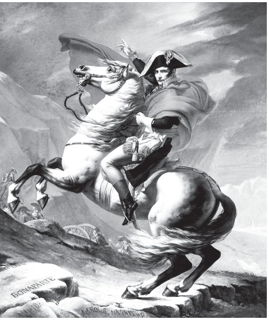 Pintura retratando Napoleão Bonaparte montado sobre um cavalo empinado, apontando para cima com a mão direita e vestindo capa esvoaçante. Ao fundo, soldados sobem a montanha nevada com canhões. No primeiro plano, rochas trazem inscrições esculpidas com os nomes BONAPARTE, ANNIBAL e KAROLUS MAGNUS.