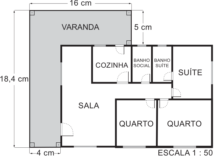 Planta baixa de uma casa com varanda em forma de L sombreada. A varanda mede 16 cm na parte superior, 18,4 cm na lateral esquerda, 5 cm de largura na faixa superior e 4 cm de largura na faixa lateral. Os cômodos estão identificados como sala, cozinha, dois quartos, suíte, banho social e banho suíte. Escala 1 : 50.