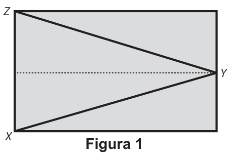 Figura 1: retângulo cinza com o ponto Z no canto superior esquerdo, o ponto X no canto inferior esquerdo e o ponto Y na metade da altura da lateral direita. Dois segmentos de reta pretos partem de Z e X e encontram-se em Y; uma linha tracejada horizontal vai do centro do lado esquerdo até o ponto Y.