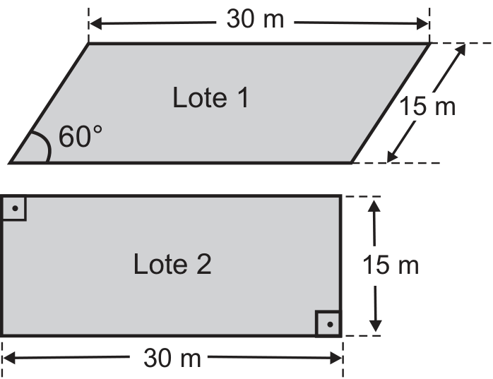 Representação dos lotes 1 e 2. O Lote 1 é um paralelogramo com base de 30 m, lado inclinado de 15 m e ângulo interno de 60 graus. O Lote 2 é um retângulo com base de 30 m e altura de 15 m, com marcações de ângulos retos.