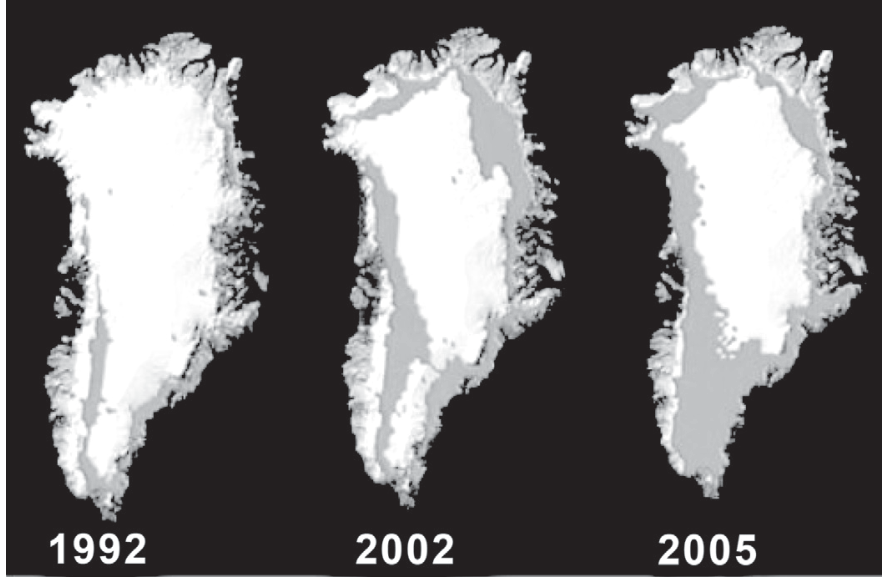 Três mapas da Groenlândia nos anos de 1992, 2002 e 2005 sobre fundo preto, mostrando o recuo progressivo da cobertura de gelo em branco e a expansão das áreas de degelo em cinza ao longo dos anos.