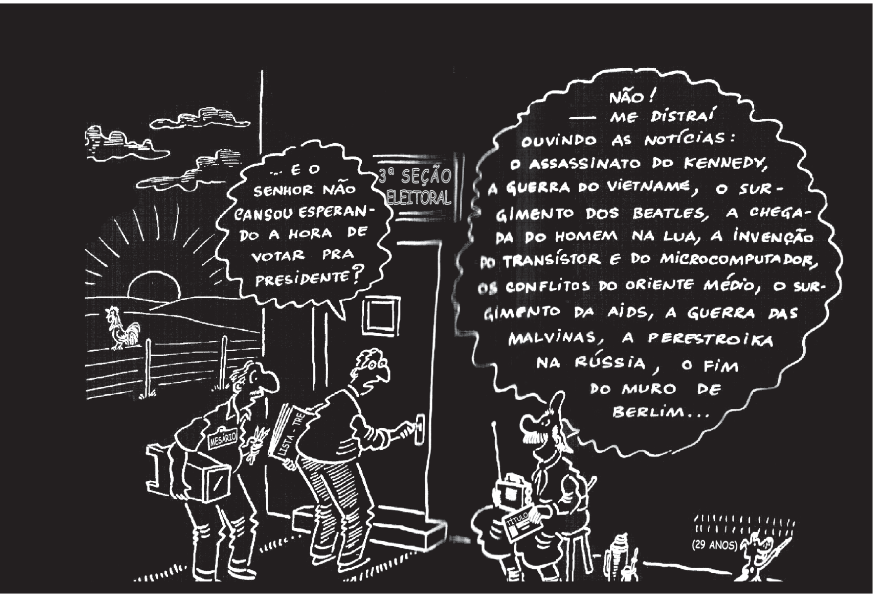 Charge de Santiago mostrando mesários chegando à 3ª Seção Eleitoral ao amanhecer e encontrando um homem sentado em frente com rádio de pilha e título de eleitor na mão. O mesário pergunta: "... E o senhor não cansou esperando a hora de votar pra presidente?". O homem responde listando grandes eventos mundiais de quase três décadas: o assassinato de Kennedy, a Guerra do Vietnã, o surgimento dos Beatles, a chegada do homem à Lua, a invenção do transístor e do microcomputador, conflitos no Oriente Médio, surgimento da Aids, Guerra das Malvinas, Perestroika e queda do Muro de Berlim. No canto inferior direito, há a marcação de tempo: "(29 ANOS)".