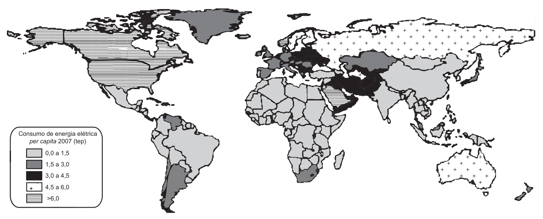 Mapa-múndi da distribuição do consumo de energia elétrica per capita no ano de 2007, expresso em tep (tonelada equivalente de petróleo), dividido em cinco faixas: de 0,0 a 1,5; de 1,5 a 3,0; de 3,0 a 4,5; de 4,5 a 6,0; e maior que 6,0. Os maiores consumos concentram-se na América do Norte, Europa, Rússia, Oceania e alguns países do Oriente Médio, enquanto grande parte da África, América Latina e Sul da Ásia apresenta os menores índices.