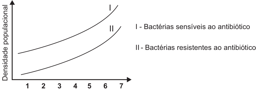 Gráfico da densidade populacional em função dos dias de tratamento (1 a 7). A curva I (Bactérias sensíveis ao antibiótico) começa em nível intermediário e é crescente. A curva II (Bactérias resistentes ao antibiótico) começa em nível baixo e também é crescente.