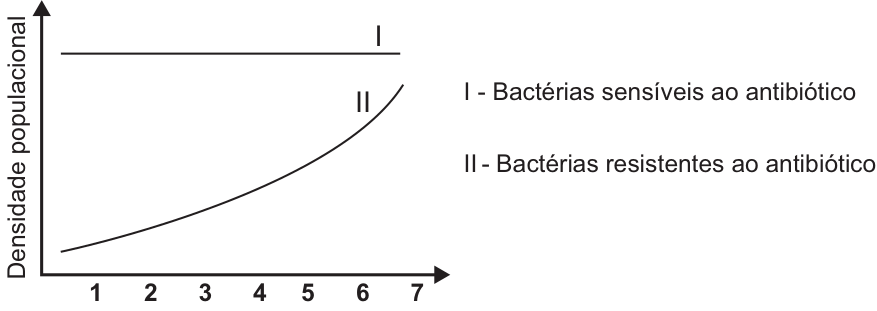 Gráfico da densidade populacional em função dos dias de tratamento (1 a 7). A curva I (Bactérias sensíveis ao antibiótico) mantém-se constante em nível alto. A curva II (Bactérias resistentes ao antibiótico) começa em nível baixo e cresce ao longo dos dias.