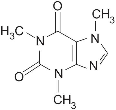 Fórmula estrutural da cafeína, com dois anéis fundidos, quatro átomos de nitrogênio, dois grupos carbonila e três grupos metila ligados a átomos de nitrogênio. Os grupos metila estão indicados por H₃C à esquerda e CH₃ no alto à direita e na parte inferior.