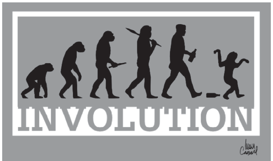 Ilustração inspirada na representação da evolução humana, com silhuetas de primatas evoluindo até um homem ereto que segura uma garrafa de bebida. À frente do homem, há uma garrafa caída no chão e um primata menor em postura desajeitada, com os braços erguidos. Abaixo das figuras, lê-se em letras garrafais a palavra "INVOLUTION". No canto inferior direito, vê-se a assinatura do autor Ivan Cabral.