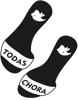 Duas sandálias rasteirinhas pretas com o símbolo do Twitter e faixas brancas com as palavras “TODAS” e “CHORA”, uma em cada sandália.