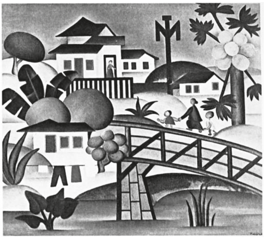 F1 Pintura O mamoeiro, de Tarsila do Amaral, retratando uma paisagem rural com casas simples, colinas, um mamoeiro com frutos esféricos, vegetação tropical, uma ponte de estrutura geométrica sobre um riacho e pequenas figuras humanas.