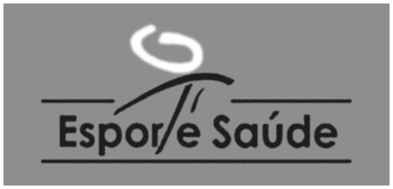 Logotipo sobre fundo cinza com o desenho estilizado de uma pessoa em movimento e os dizeres "Esporte Saúde" entre duas linhas horizontais.