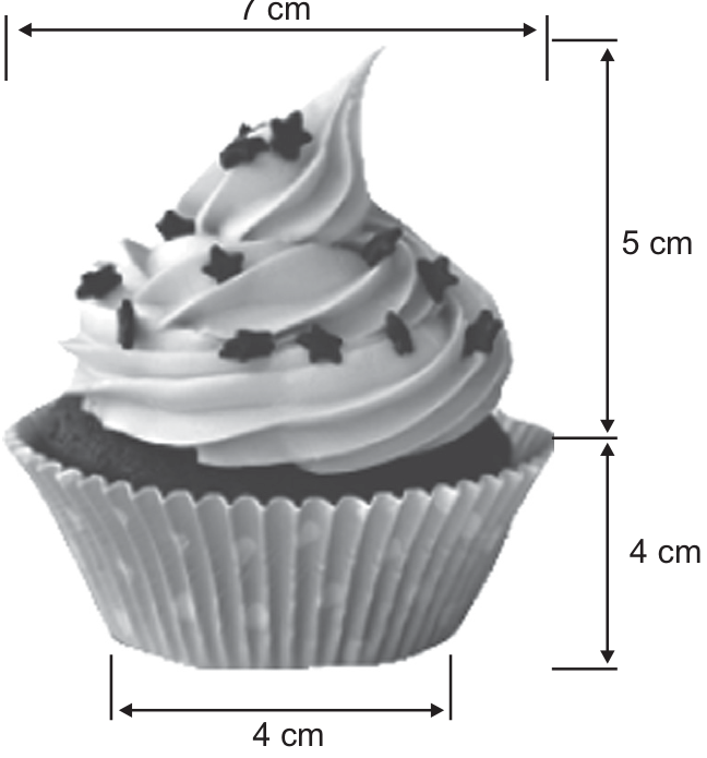 Fotografia de um cupcake com cotas indicando suas dimensões: largura superior de 7 cm, altura da cobertura de 5 cm, altura da base de 4 cm e largura da base de 4 cm.