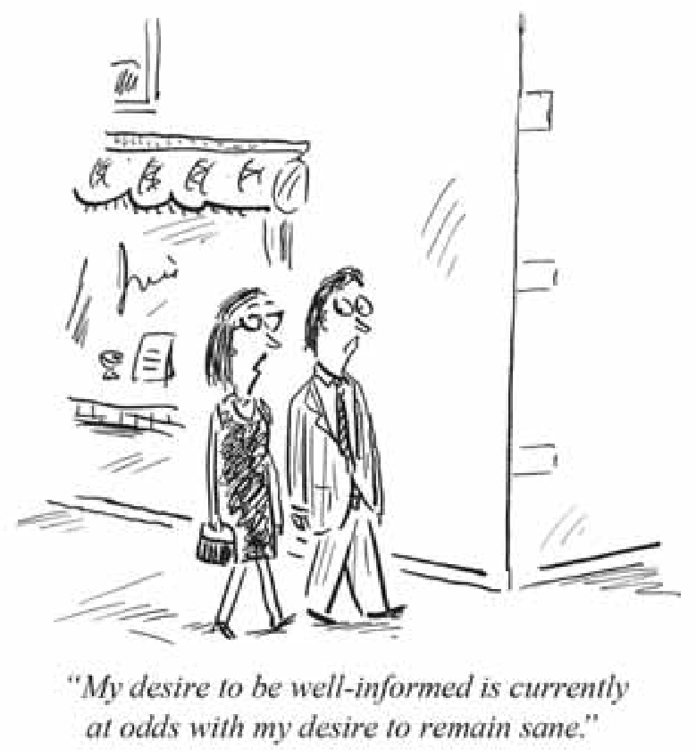 Cartum em preto e branco de um homem e uma mulher caminhando pela calçada em frente a uma vitrine. Abaixo do desenho há a legenda: "My desire to be well-informed is currently at odds with my desire to remain sane."