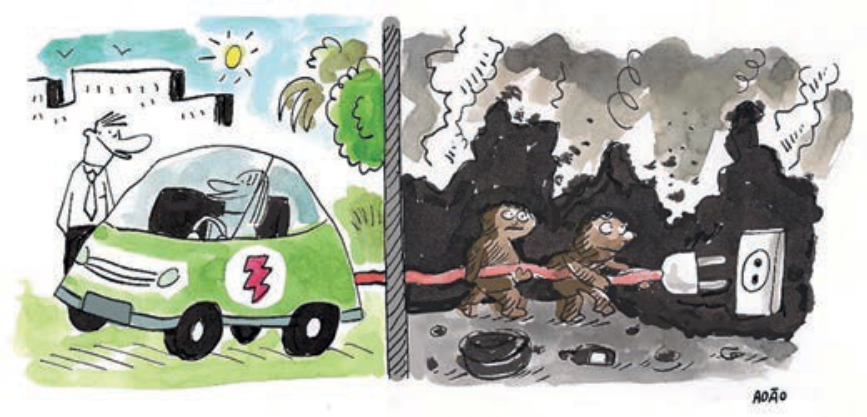 Charge dividida ao meio por um muro: do lado esquerdo, um ambiente limpo e ensolarado, com prédios e árvores, onde um homem observa uma motorista dirigindo um carro elétrico verde com um símbolo de raio; do lado direito, um ambiente escuro e poluído por fumaça e detritos, onde duas pessoas cobertas de poeira puxam com esforço um cabo vermelho que sai da traseira do carro para conectá-lo a uma tomada de energia.