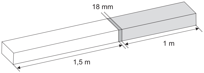 F1 Duas barras metálicas dispostas lado a lado e unidas por uma solda. A barra da esquerda mede 1,5 m, a solda central mede 18 mm, e a barra da direita mede 1 m.