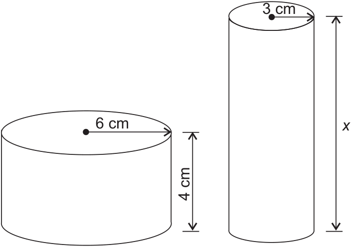 Dois cilindros representando latas: à esquerda, uma lata mais larga com raio de 6 cm, indicado por uma seta do centro à borda da base superior, e altura de 4 cm, indicada por uma seta vertical de duas pontas; à direita, uma lata mais estreita com raio de 3 cm, indicado por uma seta do centro à borda da base superior, e altura desconhecida x, indicada por uma seta vertical de duas pontas.