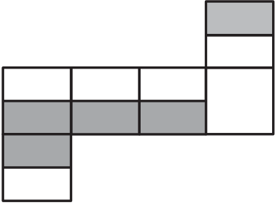 Planificação com quatro faces quadradas em uma fileira horizontal, uma face acima da quarta e outra abaixo da primeira. As três primeiras faces da fileira têm a metade superior branca e a inferior cinza; a quarta é branca. A face acima da quarta tem a metade superior cinza e a inferior branca. A face abaixo da primeira tem a metade superior cinza e a inferior branca.
