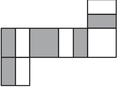 Planificação com quatro faces quadradas em uma fileira horizontal, uma face acima da quarta e outra abaixo da primeira. Na fileira, a primeira face tem a metade esquerda cinza e a direita branca; a segunda é inteiramente cinza; a terceira tem a metade esquerda branca e a direita cinza; a quarta é branca. A face acima da quarta tem a metade superior branca e a inferior cinza. A face abaixo da primeira tem a metade esquerda cinza e a direita branca.