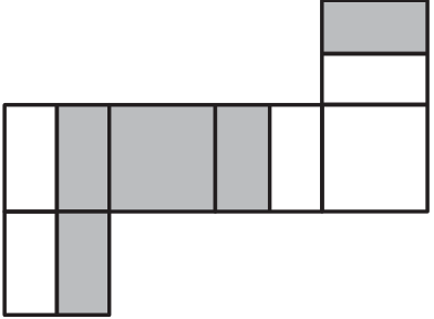 Planificação com quatro faces quadradas em uma fileira horizontal, uma face acima da quarta e outra abaixo da primeira. Na fileira, a primeira face tem a metade esquerda branca e a direita cinza; a segunda é inteiramente cinza; a terceira tem a metade esquerda cinza e a direita branca; a quarta é branca. A face acima da quarta tem a metade superior cinza e a inferior branca. A face abaixo da primeira tem a metade esquerda branca e a direita cinza.