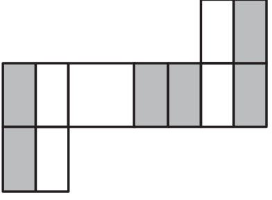 Planificação com quatro faces quadradas em uma fileira horizontal, uma face acima da quarta e outra abaixo da primeira. Na fileira, a primeira face tem a metade esquerda cinza e a direita branca; a segunda é branca; a terceira é inteiramente cinza, com uma linha vertical central; a quarta tem a metade esquerda branca e a direita cinza. A face acima da quarta tem a metade esquerda branca e a direita cinza. A face abaixo da primeira tem a metade esquerda cinza e a direita branca.