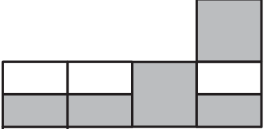 Parte visível de uma planificação com quatro faces quadradas em uma fileira horizontal e uma face acima da quarta. Na fileira, as duas primeiras faces têm a metade superior branca e a inferior cinza; a terceira é inteiramente cinza; a quarta tem a metade superior branca e a inferior cinza. A face acima da quarta é inteiramente cinza. A parte inferior da planificação está cortada pela borda da imagem.